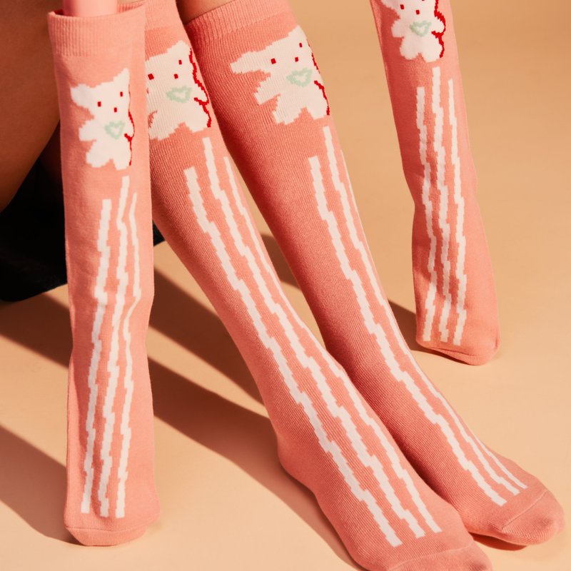 像素小熊印花及膝襪 - 襪 - 羊毛 粉紅色