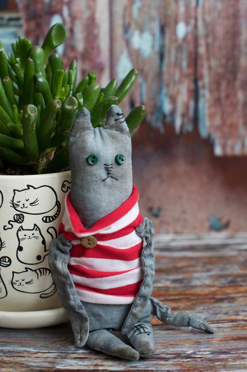 Spoony Cat - primitive textile doll - 公仔/玩偶 - 棉．麻 灰色