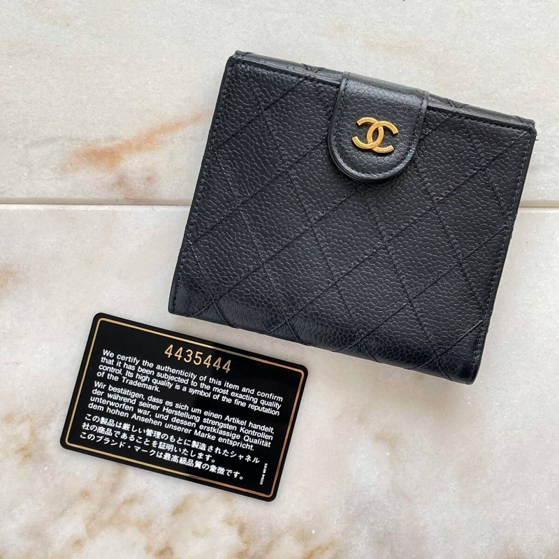 [LA LUNE] Second-hand Chanel double-sided caviar leather black short clip silver coin bag - Wallets - Genuine Leather Black