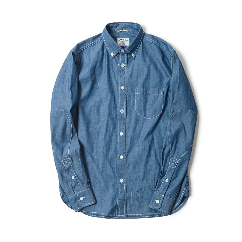 Japanese Chambary Long Sleeve Elbow Patch Shirt in Blue - Men's Shirts - Cotton & Hemp Blue