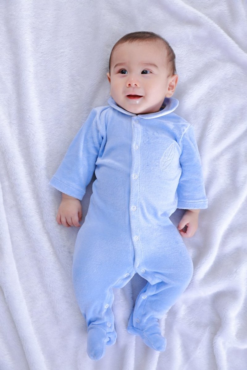 [Deux Filles organic cotton] cotton and velvet feet with a full body - light blue solid color - Onesies - Cotton & Hemp Blue