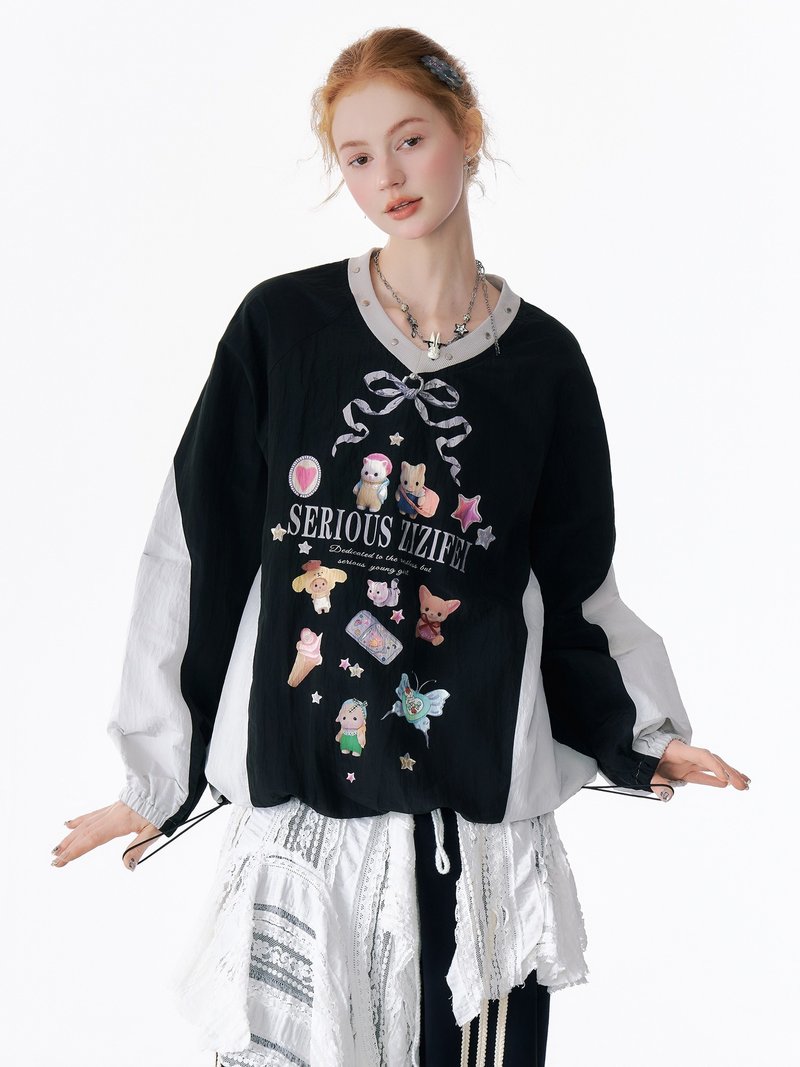 ziziFei autumn and winter American design cute print blokette jersey sports long-sleeved T-shirt sweater female - เสื้อยืดผู้หญิง - วัสดุอื่นๆ 