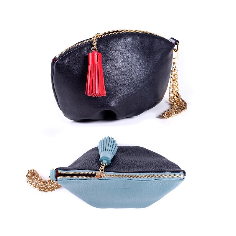 Camille two-tone tassel clutch can be embossed with optional color - Clutch Bags - Genuine Leather Multicolor