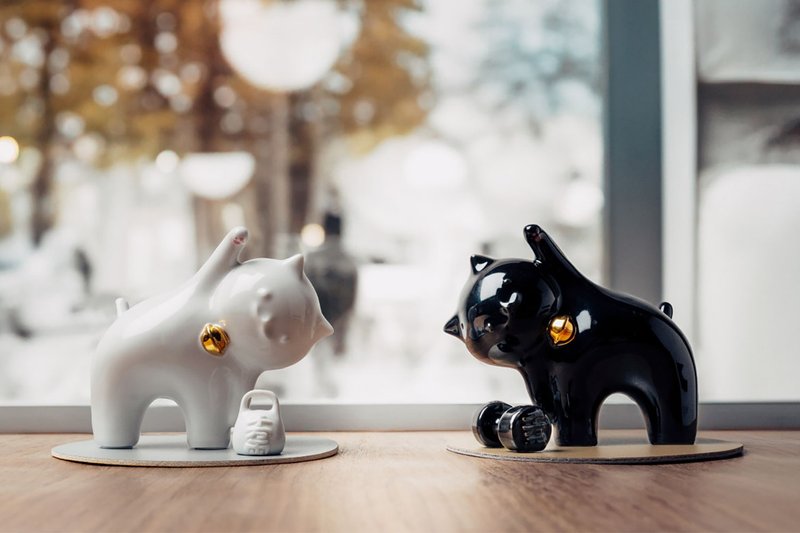 Move the Lucky Cat | White to attract good fortune and black to ward off evil - ตุ๊กตา - ดินเผา ขาว