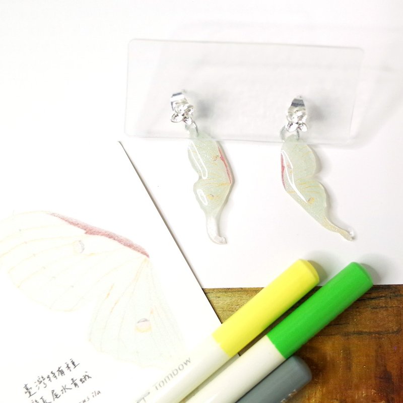 Taiwan's endemic species Taiwan long-tailed blue moth painting earrings 925 white fungus needle/ Clip-On - Earrings & Clip-ons - Waterproof Material Green