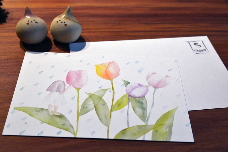 手描きの水彩絵葉書-雨のち花の妖精 - カード・はがき - 紙 