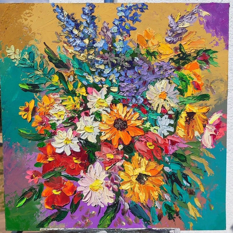 Sunflower Painting Wildflowers Original Art Sunflowers Scene Daisy Artwork - 插畫/繪畫/寫字 - 其他材質 