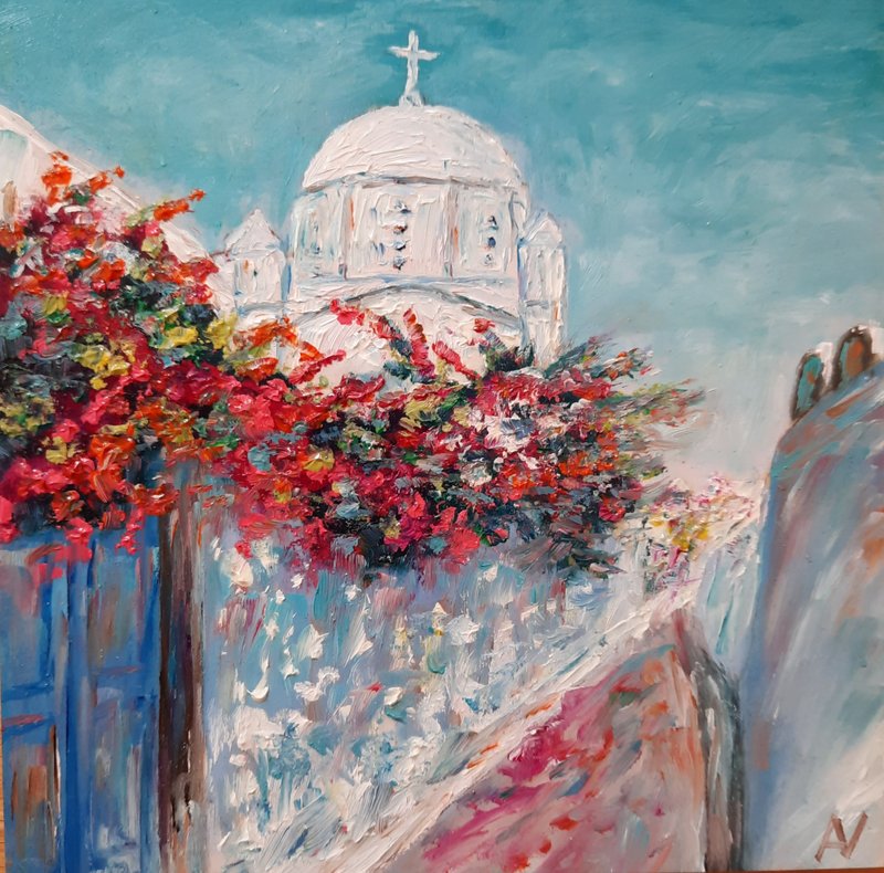 Santorini Church Original Oil Painting, 3D Impasto Greek Island Art - Wall Décor - Wood 
