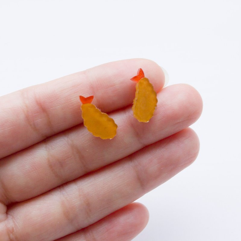 Hand-painted fried shrimp tempura earrings earrings ear clip - Earrings & Clip-ons - Plastic Orange