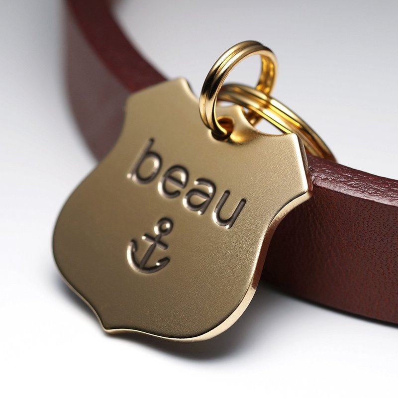 Shield Dog Tag, Brass Dog Tag, Personalized Pet ID Tags, Engraved Name tag - อื่นๆ - ทองแดงทองเหลือง สีทอง