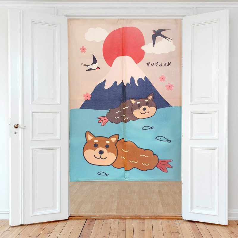 柴犬 富士山 門簾 炸蝦 - 門簾/門牌 - 棉．麻 藍色