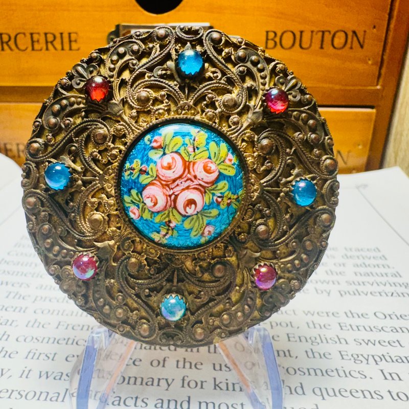 Late 19th century French hand-painted enamel flowers inlaid with Gemstone and Bronze-plated copper powder compact box - อื่นๆ - โลหะ 