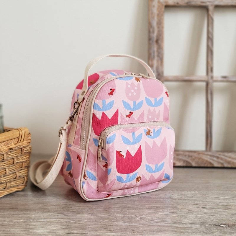 Water-repellent 3-use small backpack, side backpack, shoulder bag, travel bag - Pink Tulip - กระเป๋าเป้สะพายหลัง - ผ้าฝ้าย/ผ้าลินิน สึชมพู