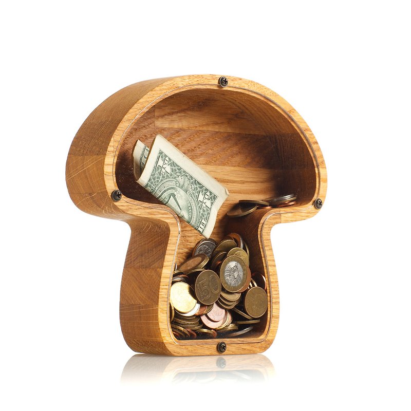Wooden Mushroom Piggy Bank Money Saving Cash Box - Mushroom Nursery Decor Wood - กระปุกออมสิน - ไม้ 