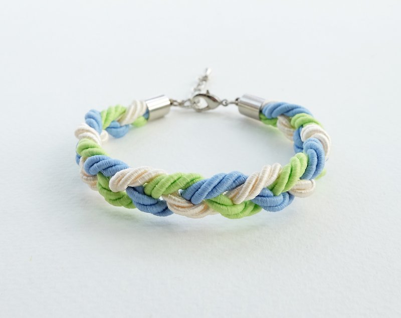 Blue/Lime/Cream braided bracelet - 手鍊/手環 - 其他材質 綠色