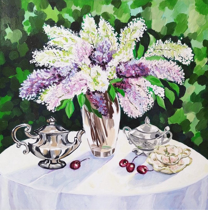 LILACS PAINTING OIL CANVAS ORIGINAL ART SPRING STILL LIFE FLOWERS IN A VASE - 壁貼/牆壁裝飾 - 其他材質 綠色
