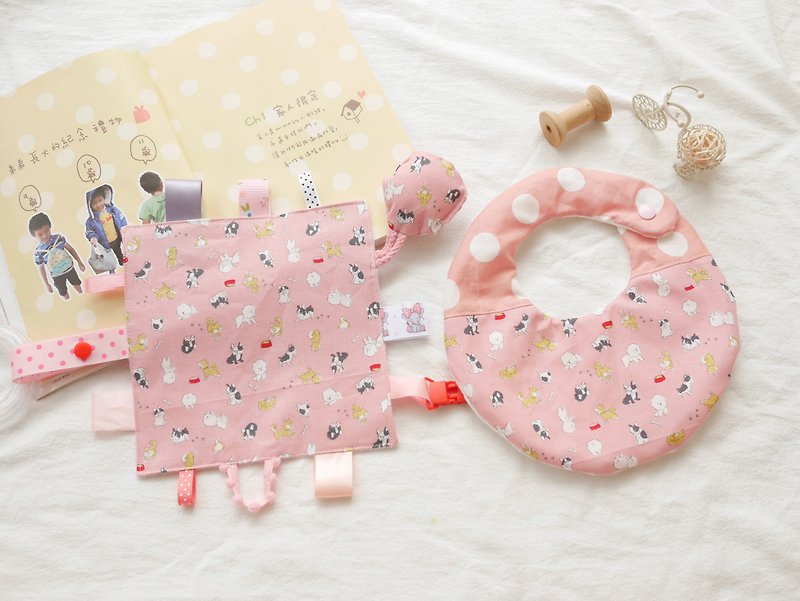 Six-fold yarn saliva towel + soothing towel, hand rattle, removable Miyue gift box, cute dog style - Baby Gift Sets - Cotton & Hemp Pink
