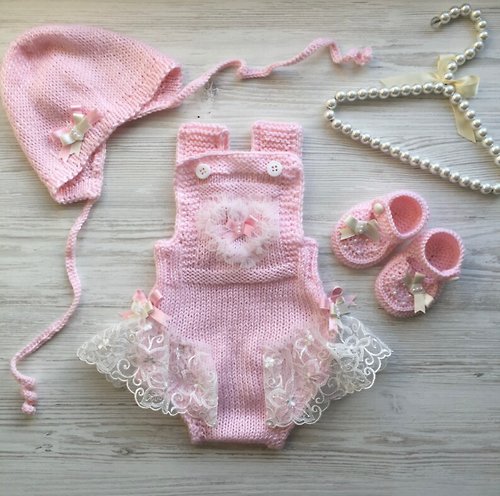 V.I.Angel Hand knit pink romper with ivory lace, hat and shoes for baby girl.