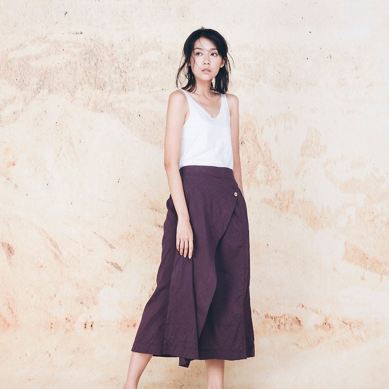 Handmade cotton low-cut trousers skirt - Burgundy - กางเกงขายาว - ผ้าฝ้าย/ผ้าลินิน สีม่วง