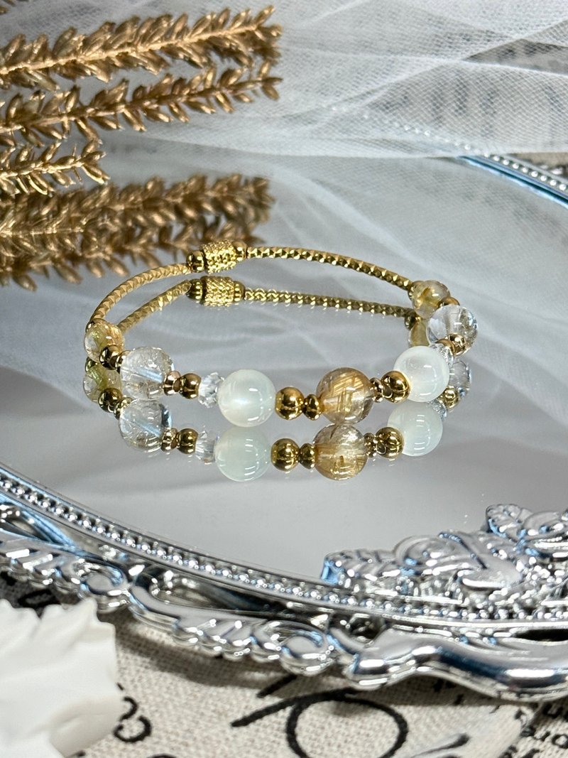 Gold-titanium crystal and silver-haired crystal temperament bracelet - 18K gold medical steel/gold-titanium crystal/silver-haired crystal/moonstone - Bracelets - Crystal Gold