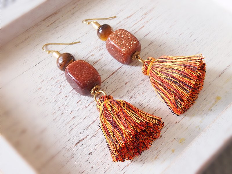 Tiger eye + gold stone and orange tassel earrings - Earrings & Clip-ons - Stone Orange
