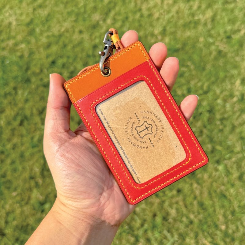 【ID Card Holder】Orange Tochigi | W/ Lanyard | Handmade Leather in Hong Kong - ที่ใส่บัตรคล้องคอ - หนังแท้ สีส้ม