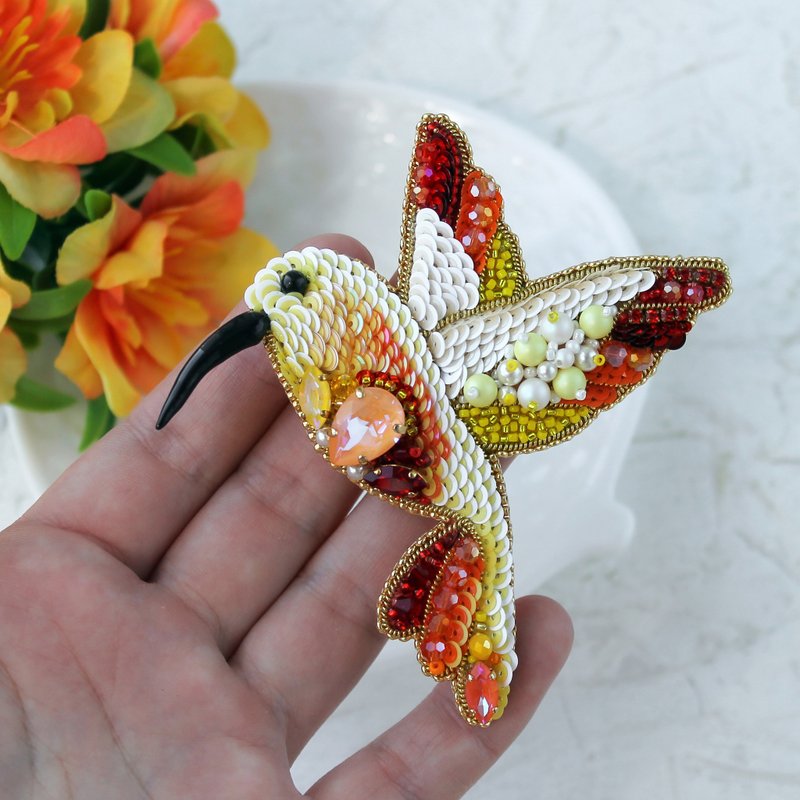 Bird Brooch-Hummingbird Beaded Brooch.Embroidered brooch.Christmas Gift Wrapping - Brooches - Crystal Yellow