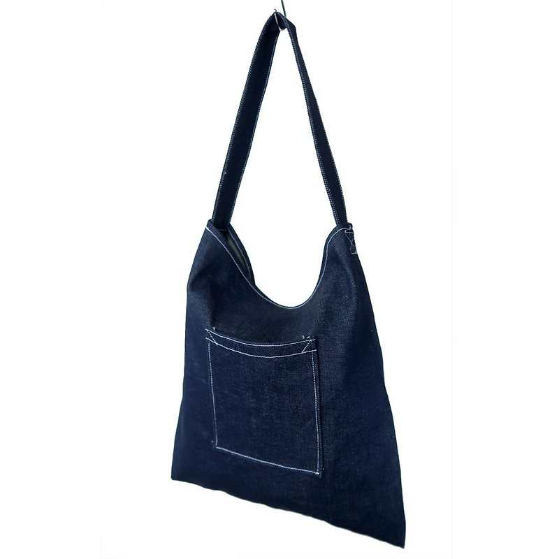 Plus 1 Indigo Denim Shoulder Bag - กระเป๋าแมสเซนเจอร์ - ผ้าฝ้าย/ผ้าลินิน สีน้ำเงิน