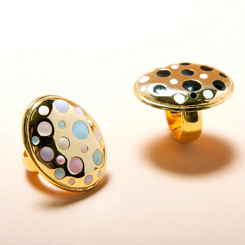 Pastel and Black & White Polka Dot On Gold Oval Ring, Oval Ring, Large Oval Ring, Enamel Polka Dot Ring, Pastel Ring, Black and White Ring - General Rings - Other Metals Gold