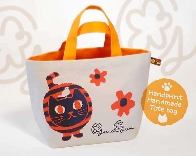 GuraGuri | Lunch Tote Bag | orange round cat - กระเป๋าถือ - ผ้าฝ้าย/ผ้าลินิน สีส้ม