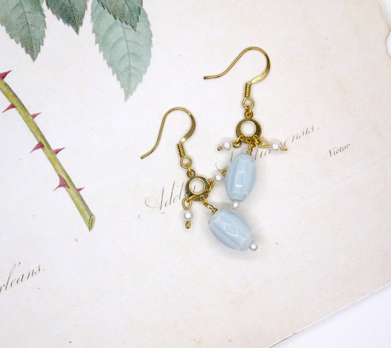 Light blue handmade glass pearl earrings ear clip - Earrings & Clip-ons - Gemstone 