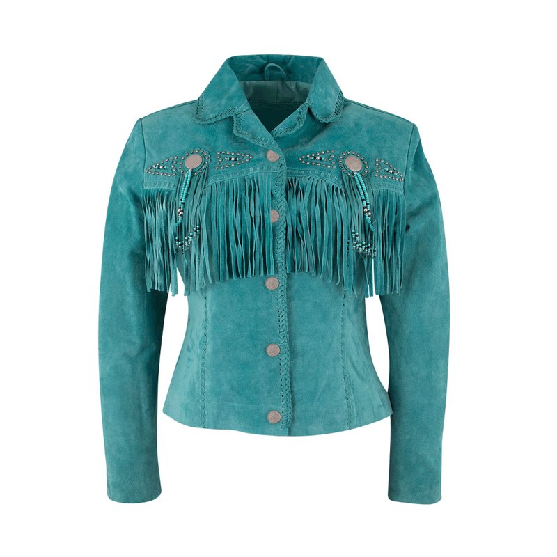 Women Turquoise Suede Leather Fringe Jacket - 女西裝外套 - 真皮 藍色