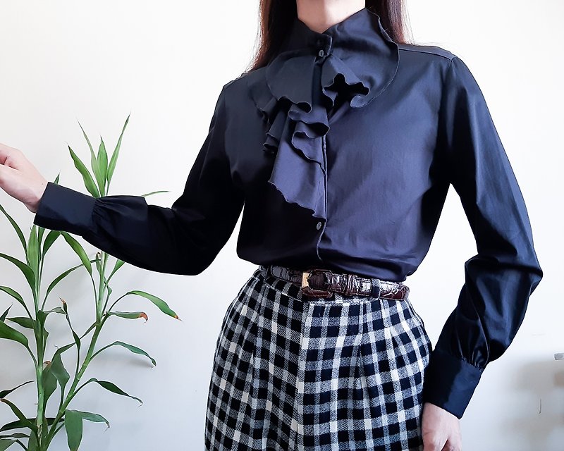 NARA CAMICIE Victorian Gothic Black Shirt High Neck Ruffle Shirt Womens Size M - Women's Shirts - Cotton & Hemp Black