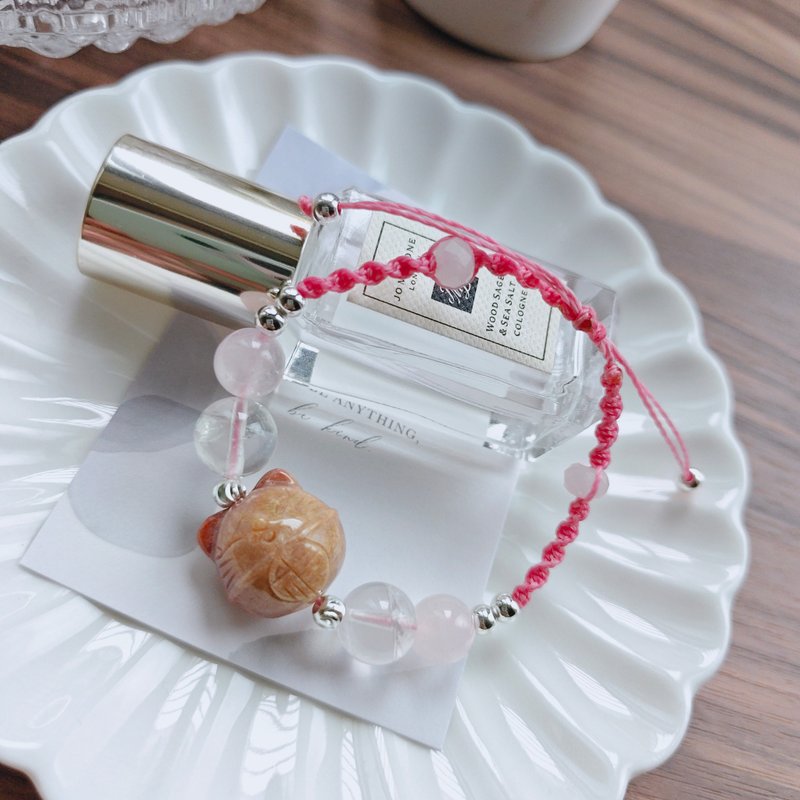 【珊瑚玉叮噹貓x粉水晶x粉阿塞編織手鏈 】好人緣 - 手鍊/手環 - 水晶 粉紅色