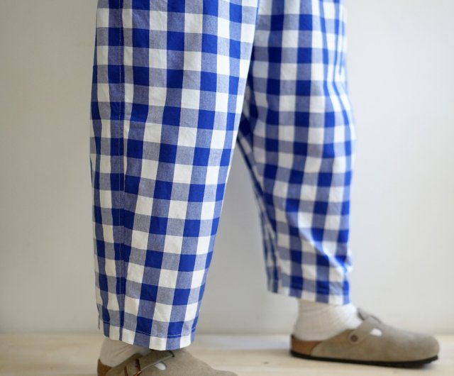 Blue and white wide plaid pants amerryheart Pinkoi