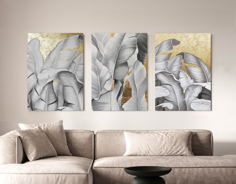 Tropical gold leaf wall paintings | 3 piece gold painting | Golden Leaves Set of - 壁貼/牆壁裝飾 - 棉．麻 金色