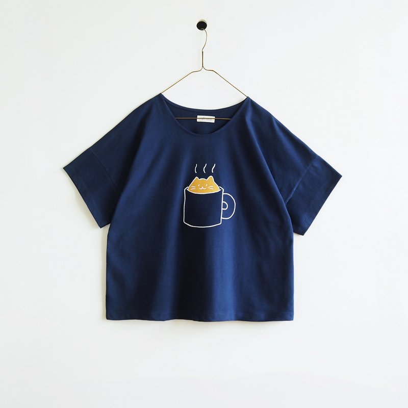 a cup of cat soup t-shirt : navy - 女 T 恤 - 棉．麻 藍色