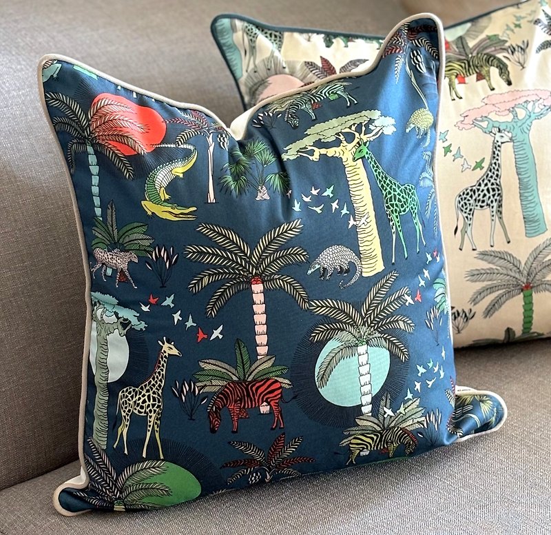 South Africa aLoveSupreme hand-painted colorful velvet piping pillowcase_African Animal Kingdom_Dark Night Blue_ - Pillows & Cushions - Cotton & Hemp 
