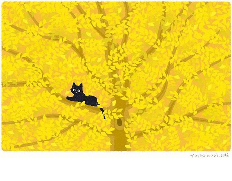 A3イラストシート　木の葉がくれ - ポスター・絵 - 紙 イエロー
