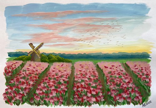 Anastasia Art - 独特的工艺 Early Morning on Tulip Valley gouache painting, Holland, flowers, home decor,