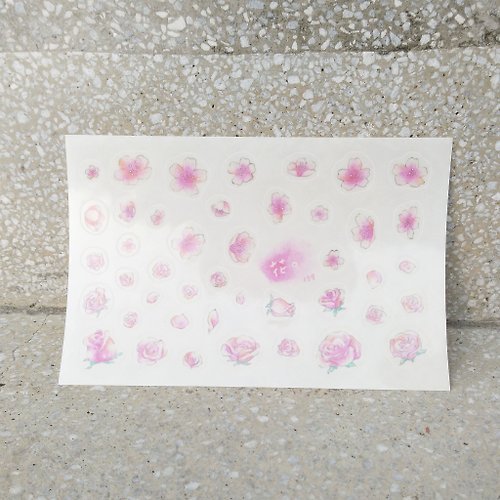 Amber {139}粉紅玫瑰花櫻花，透明手帳刀模貼紙