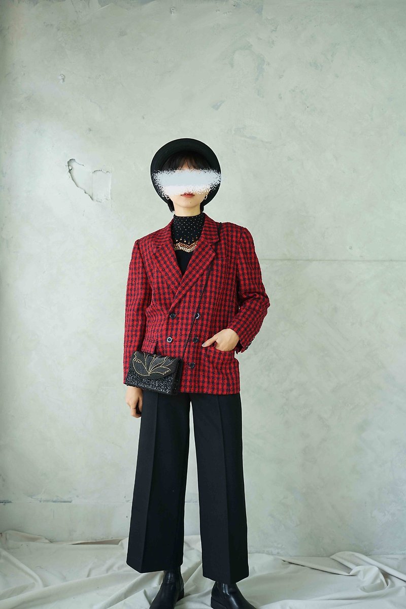 尋寶古著-日本品牌個性紅黑千鳥格雙排釦西裝外套-套裝 - 女西裝外套 - 羊毛 紅色