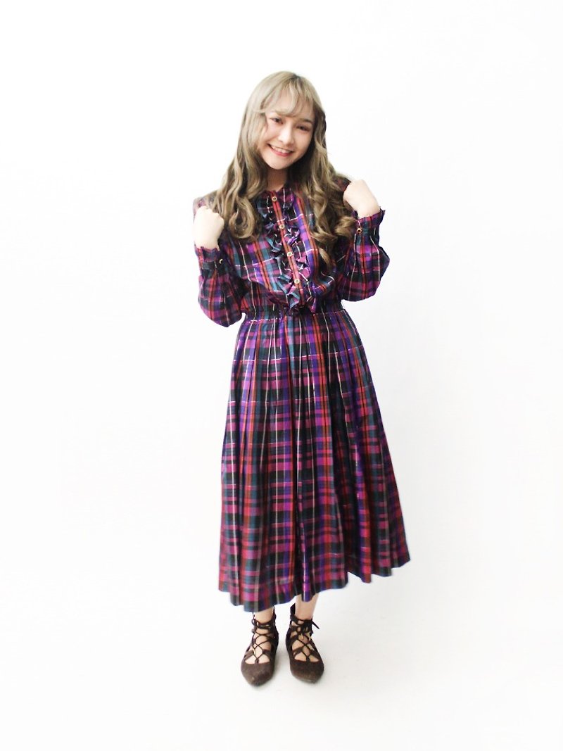 【RE1004D1435】早秋日本製復古深紫色格紋甜美長袖古著洋裝 - 連身裙 - 聚酯纖維 紫色