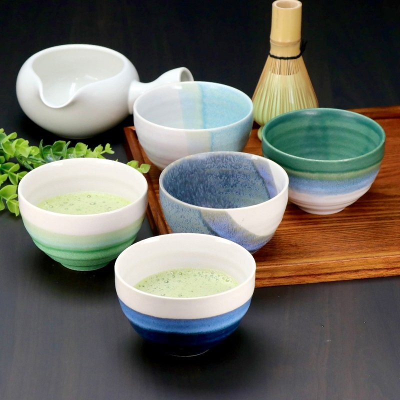 美濃燒-清碧流波抹茶碗5入禮盒 - 碗 - 陶 綠色