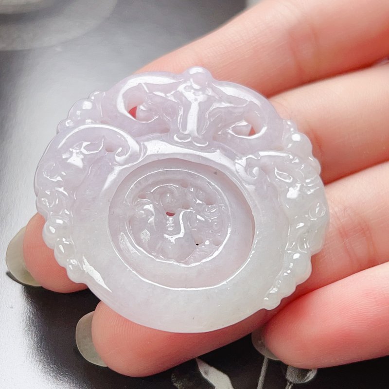 Violet Jadeite Carved Sanyang Kaitai Shilairun Pendant | Natural Burmese Grade A Jade | Gift - พวงกุญแจ - หยก สีม่วง