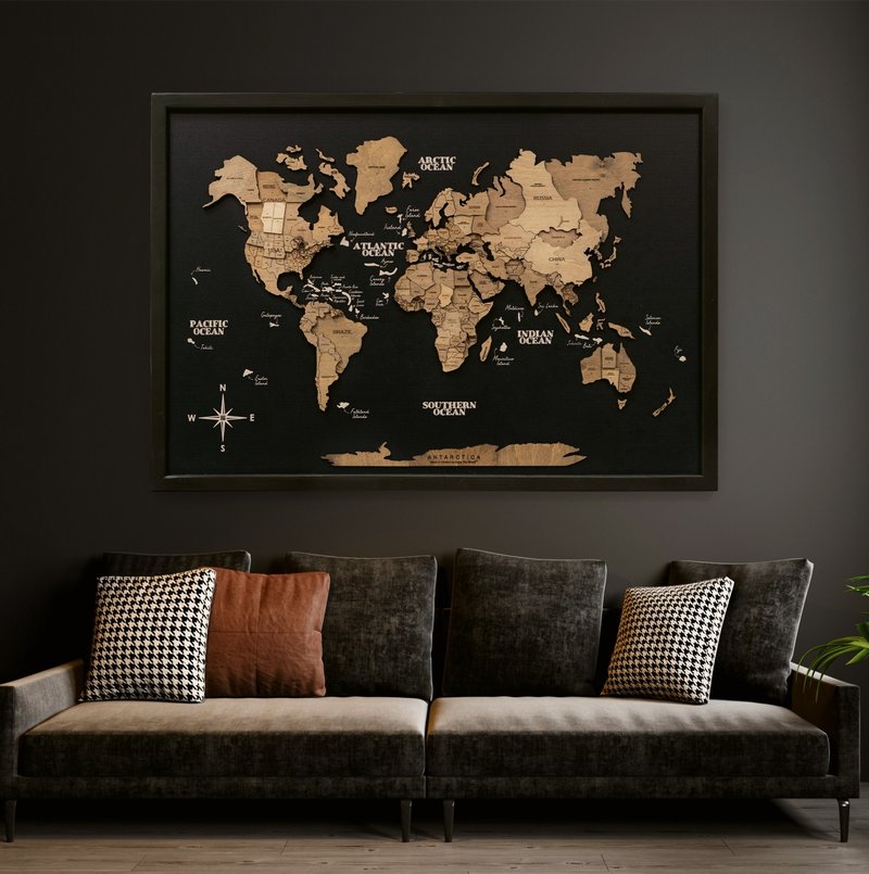 Framed Wall Art, 3D Travel Map Board, Christmas Gift, Home Housewarming Gift - Wall Décor - Wood 