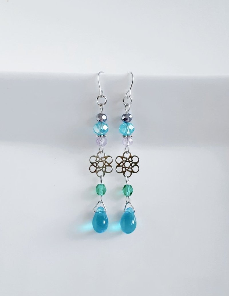 Fantastic aqua blue earrings with floral openwork and glass beads - Earrings & Clip-ons - Glass Blue