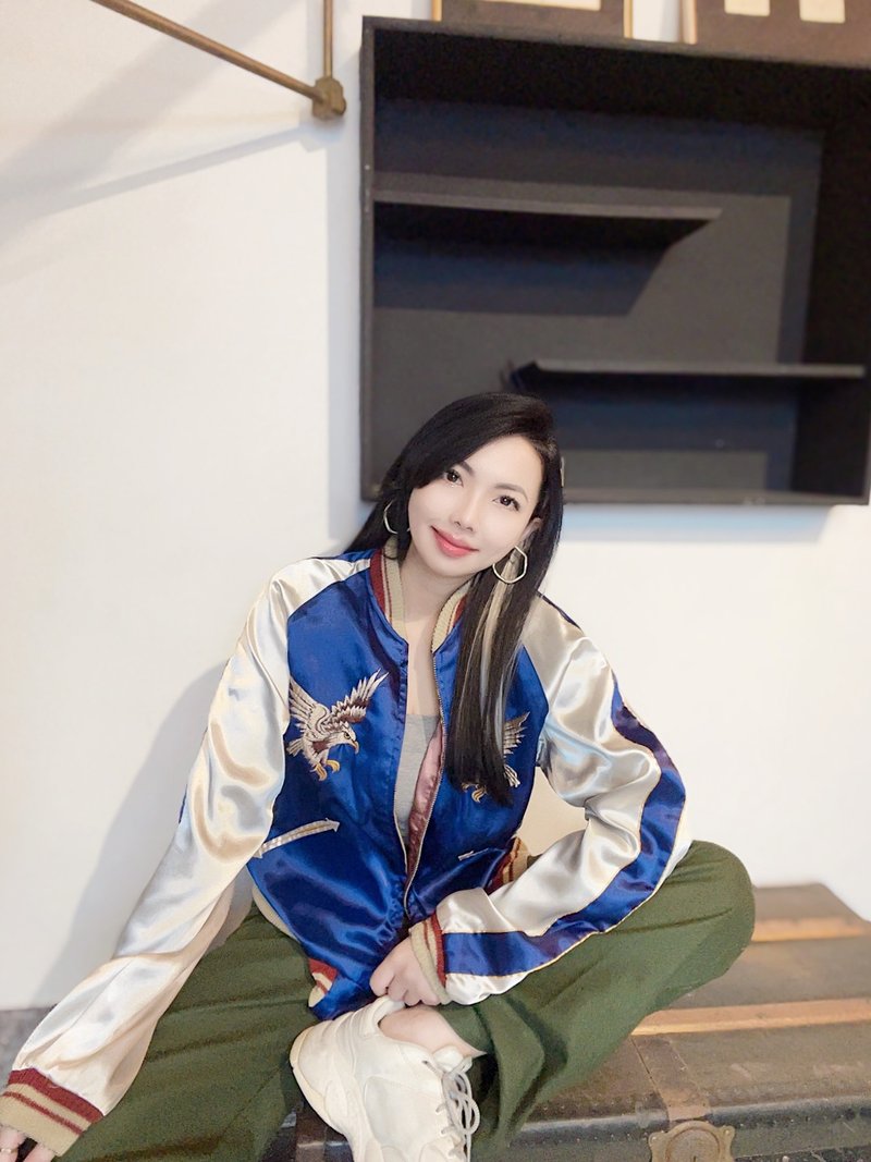 TAILOR TOYO 東洋 靛藍x粉黑 雙面穿橫須賀刺繡棒球外套 - 女大衣/外套 - 聚酯纖維 多色