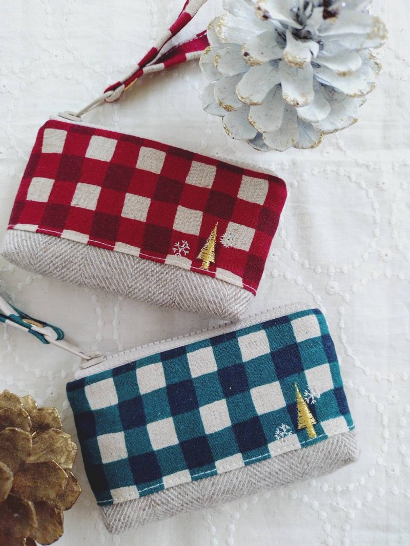 In Stock! [FCC/Mini Coin Purse] Hand-Drawn Style Bold Checkered Pattern with Embroidered Golden Tree & Japanese Wool Fabric - กระเป๋าใส่เหรียญ - ผ้าฝ้าย/ผ้าลินิน หลากหลายสี