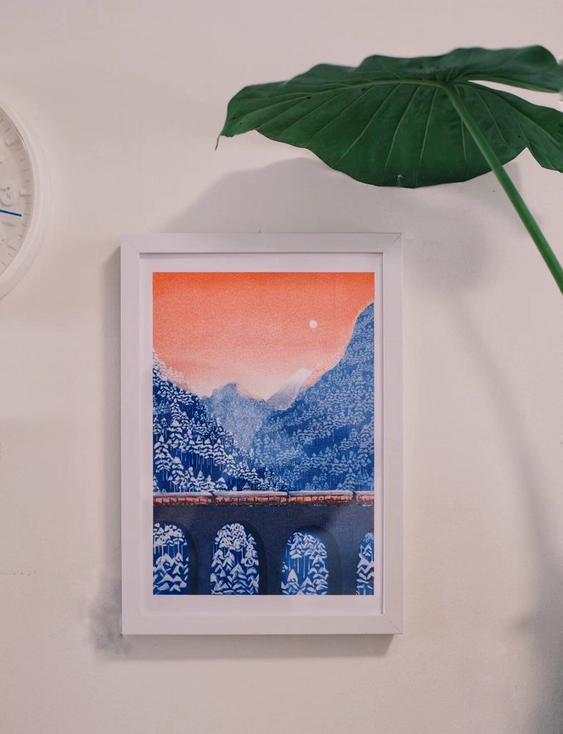 A4 Riso 印品  慢車穿越雪山 雙色Risograph原創插畫孔版印刷版畫 - 壁貼/牆壁裝飾 - 紙 紅色